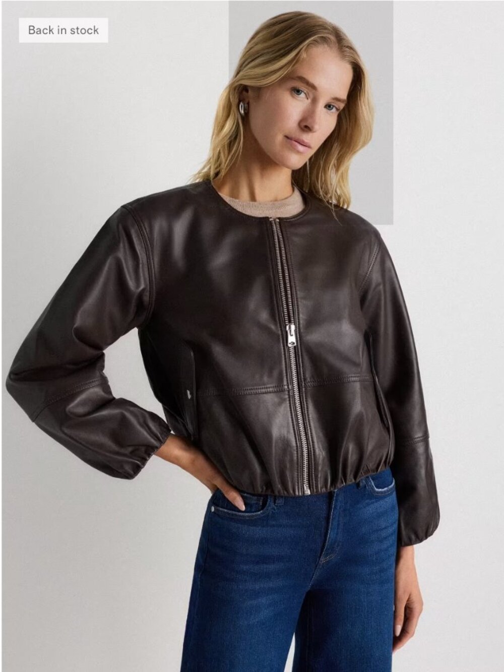 Chic Effortless 100% Leather Collarless Cropped Bubble Hem Jacket LG Rich Brown